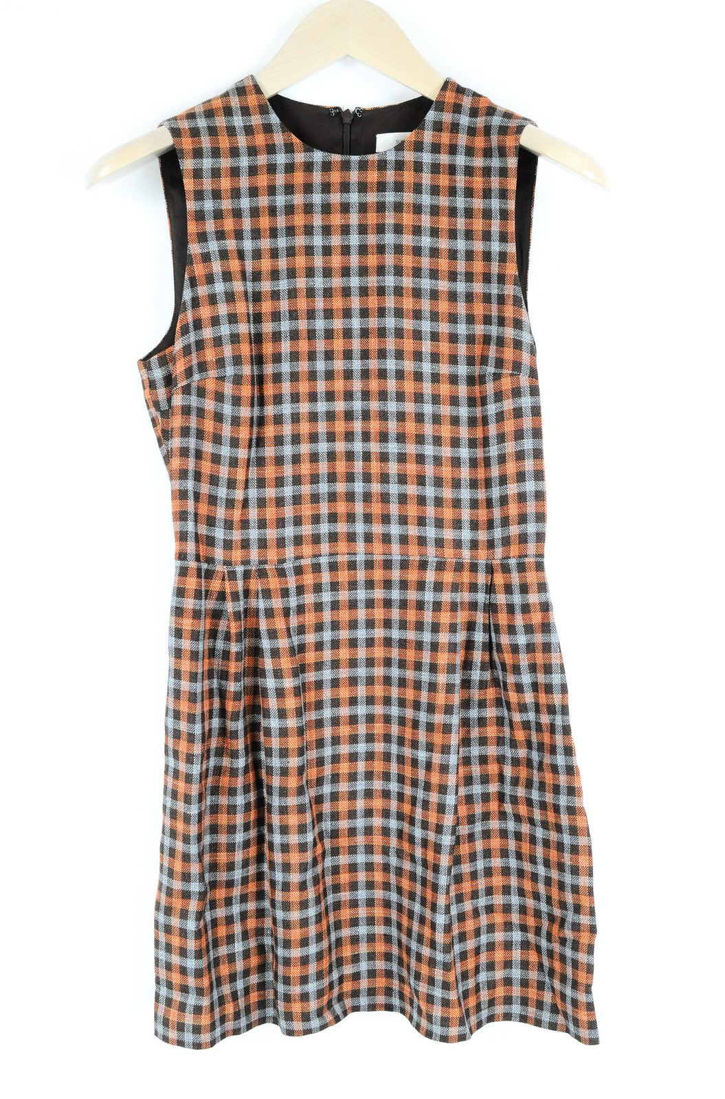 SUISTUDO Don Womens Dress UK8 Sleeveless Checked Wool Silk Linen Lined Orange