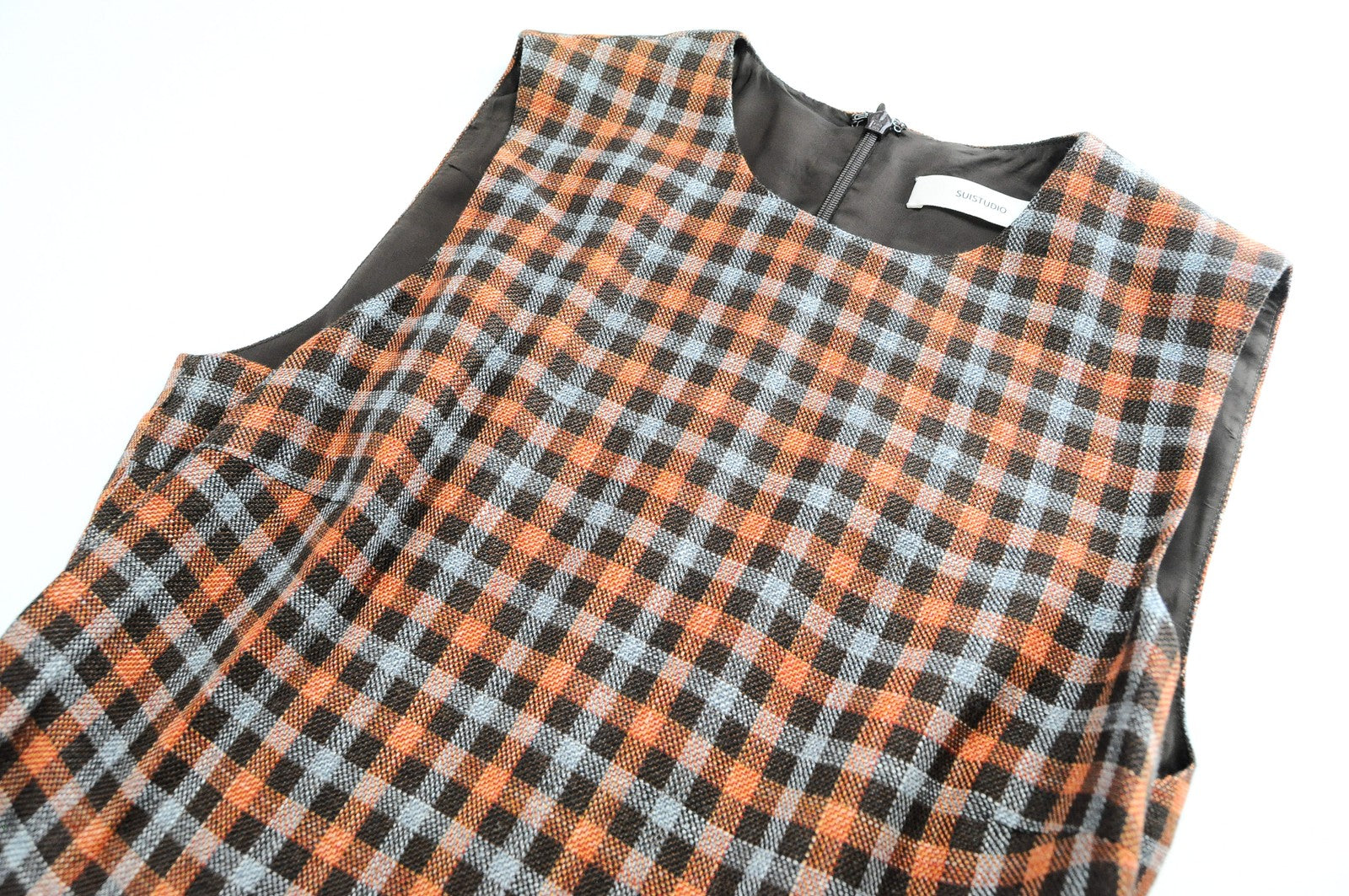 SUISTUDO Don Womens Dress UK8 Sleeveless Checked Wool Silk Linen Lined Orange