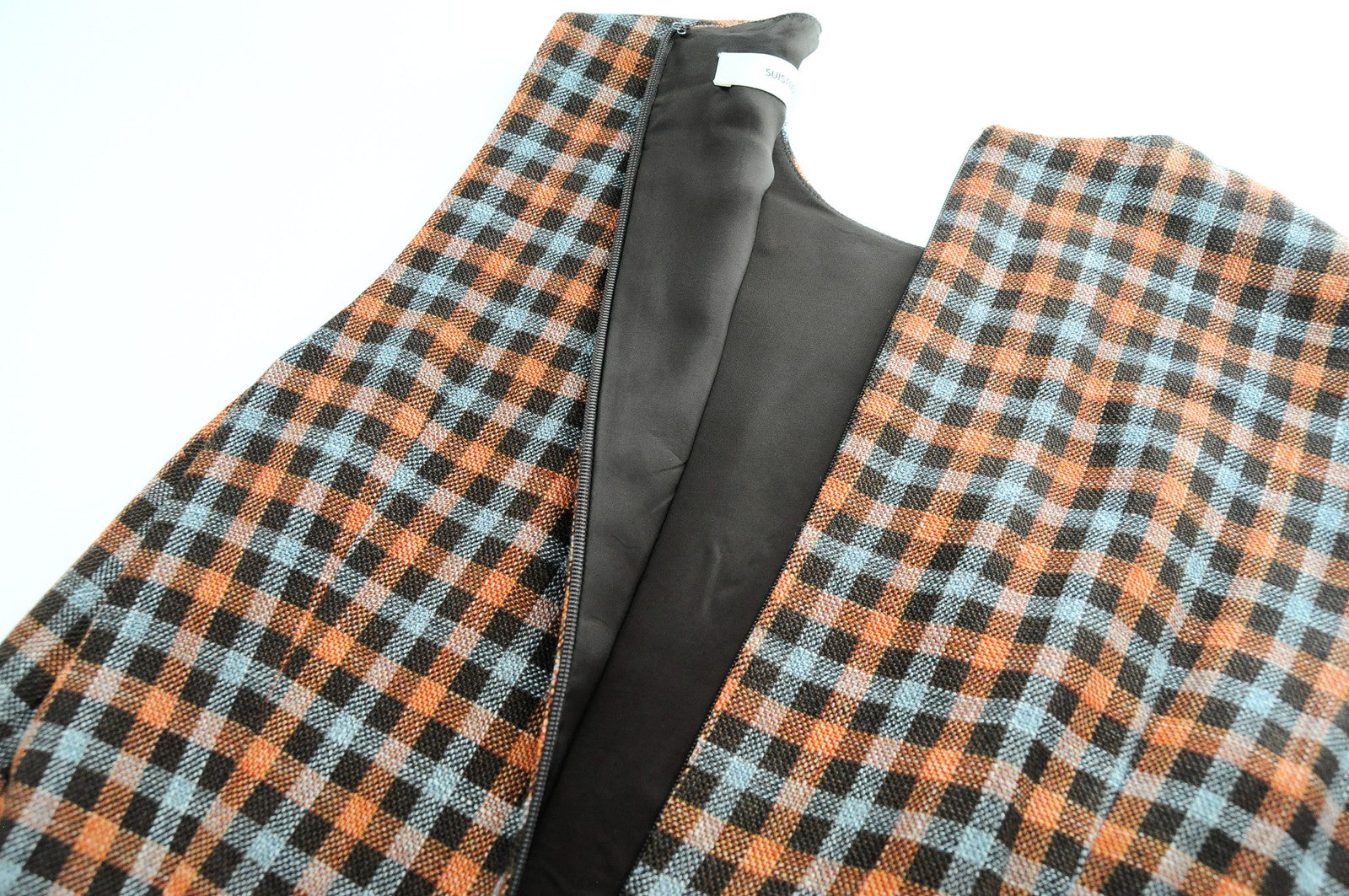 SUISTUDO Don Womens Dress UK8 Sleeveless Checked Wool Silk Linen Lined Orange