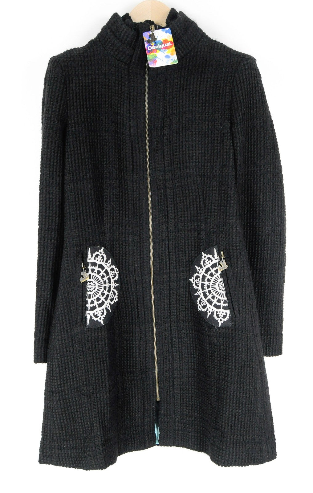 DESIGUAL L'Adoration Womens Coat 38 Black Cotton Blend Lined Pattern