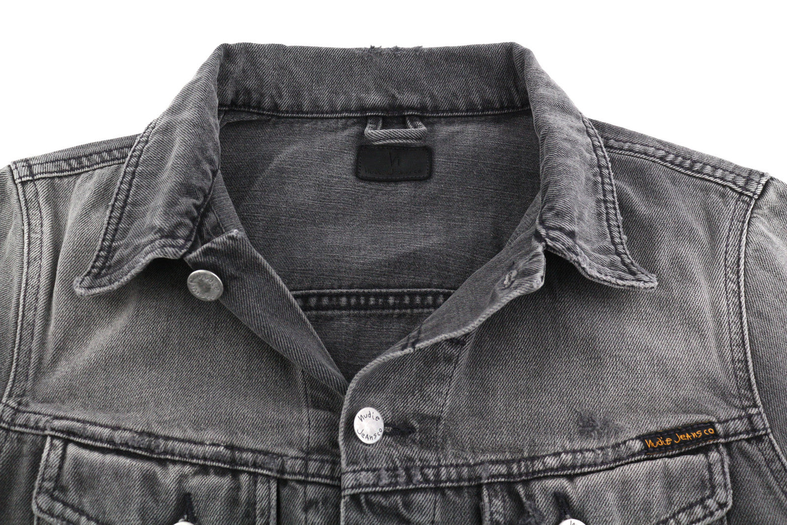 NUDIE Billy Men Jacket S Shimmering Shist Denim Washed Ripped Button Up Grey