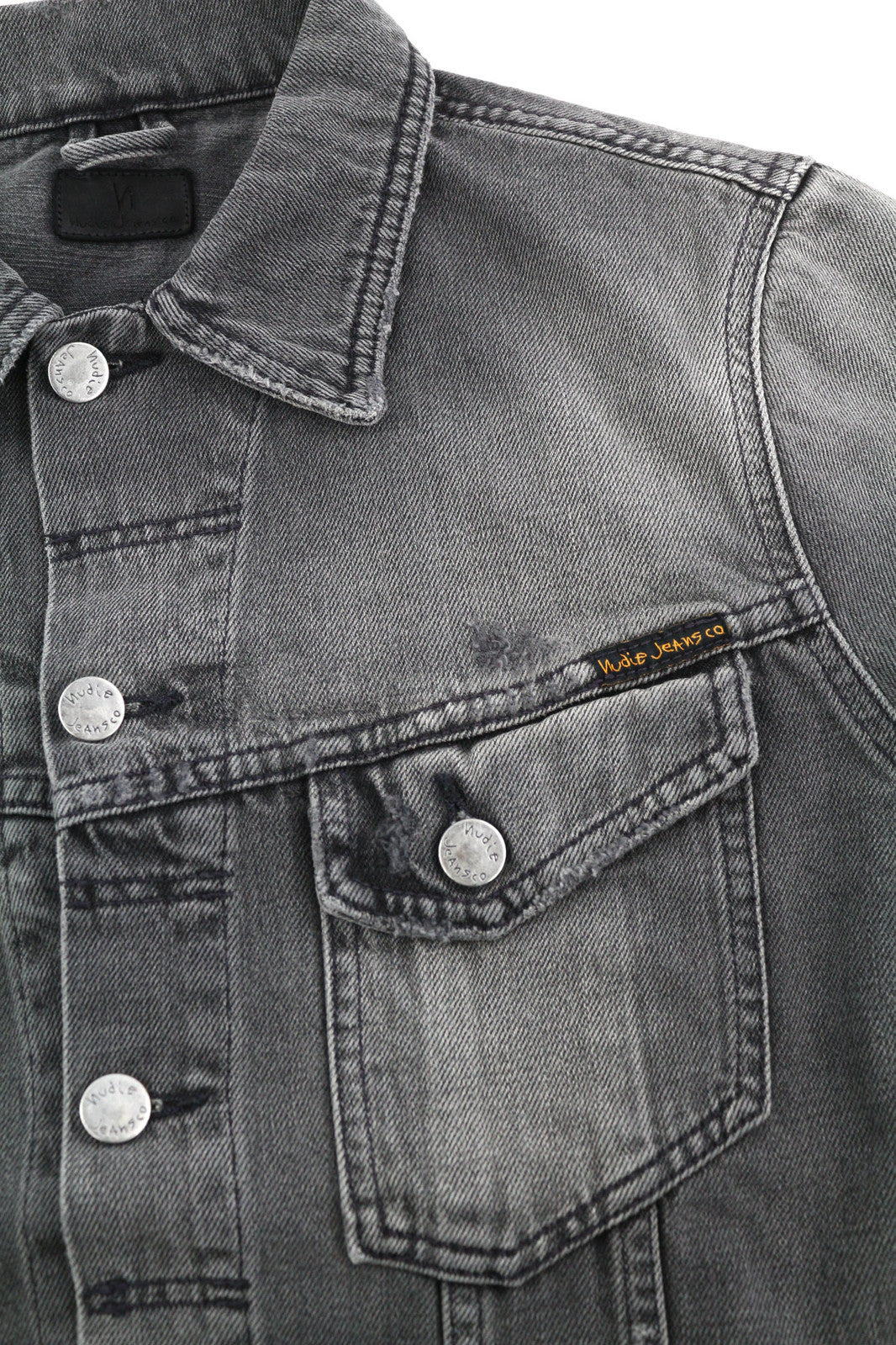 NUDIE Billy Men Jacket S Shimmering Shist Denim Washed Ripped Button Up Grey