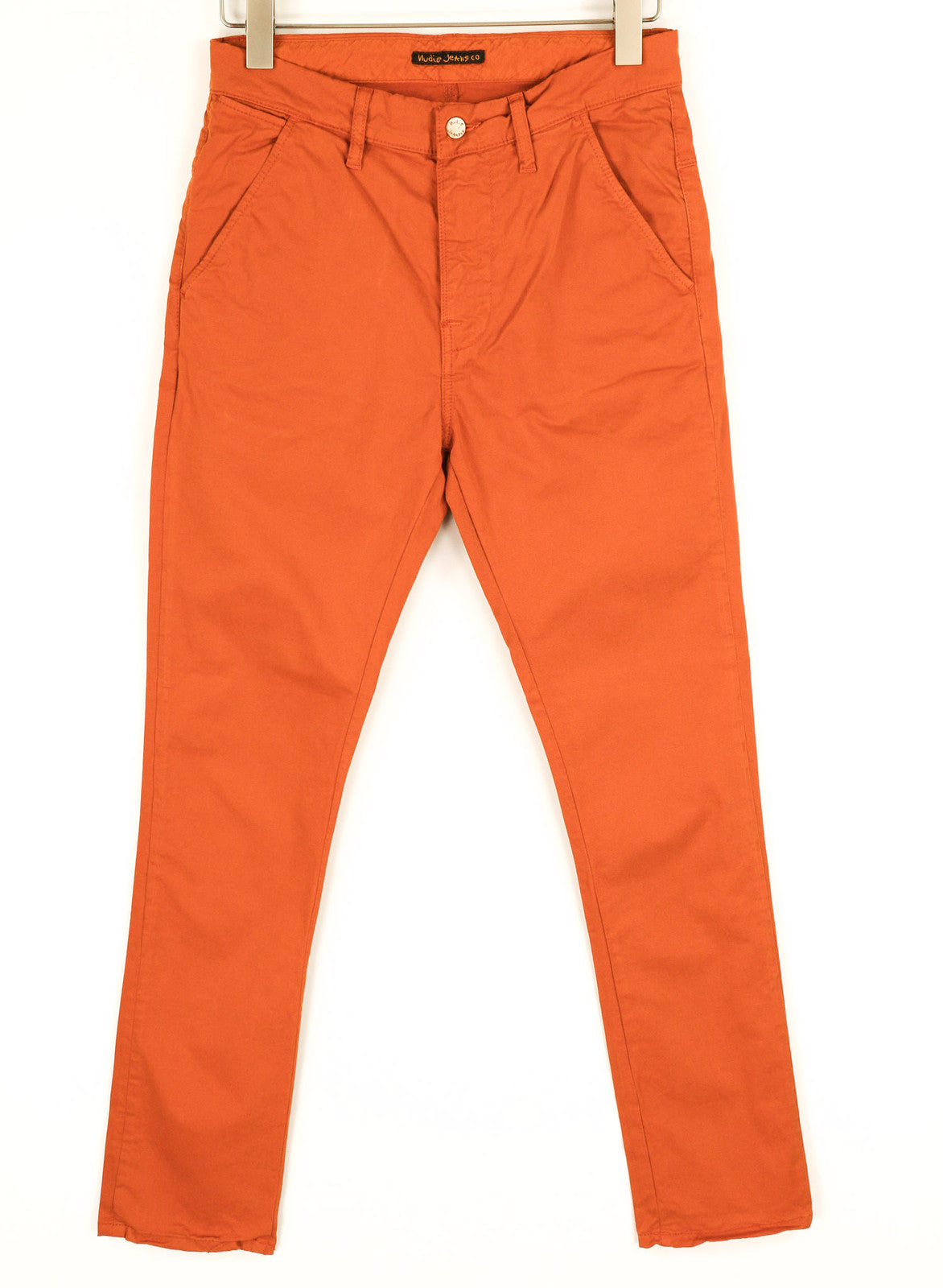 NUDIE JEANS Khaki Slim Men Trousers W28/L30 Organic Warm Orange Zip Casual Chino