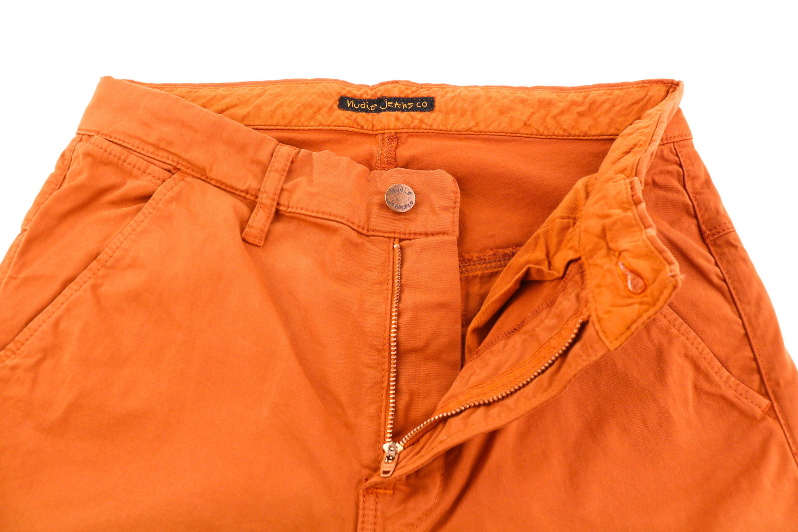NUDIE JEANS Khaki Slim Men Trousers W28/L30 Organic Warm Orange Zip Casual Chino