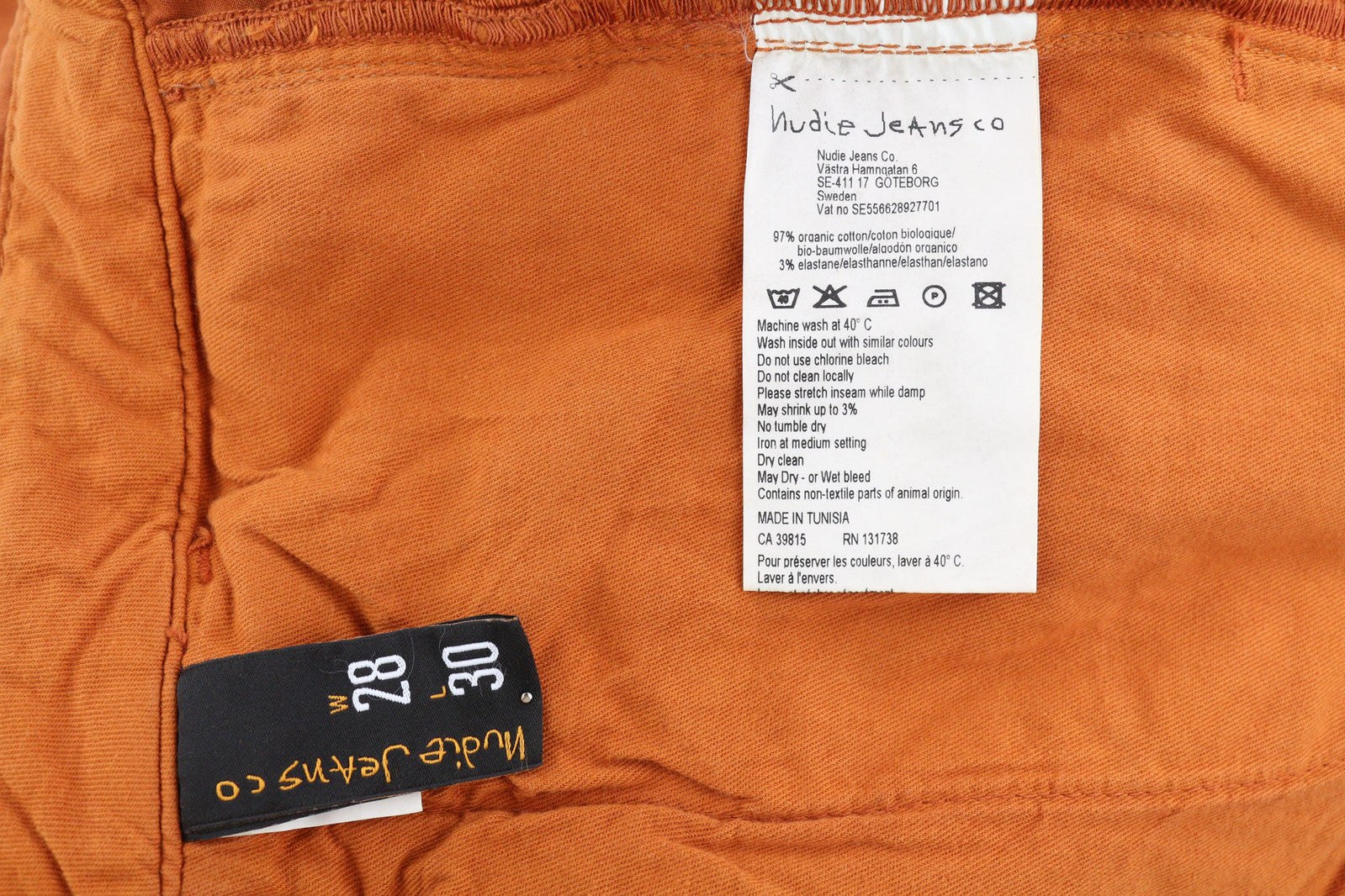 NUDIE JEANS Khaki Slim Men Trousers W28/L30 Organic Warm Orange Zip Casual Chino