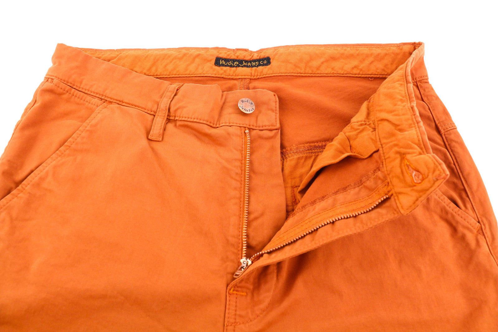 NUDIE JEANS Khaki Slim Men Trousers W30/L30 Organic Warm Orange Zip Casual Chino