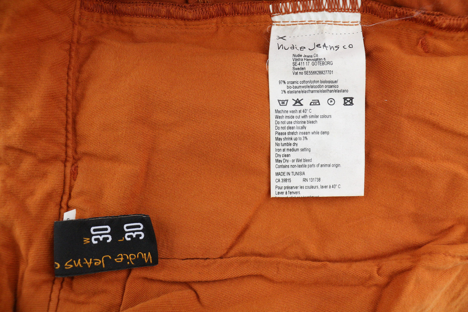 NUDIE JEANS Khaki Slim Men Trousers W30/L30 Organic Warm Orange Zip Casual Chino