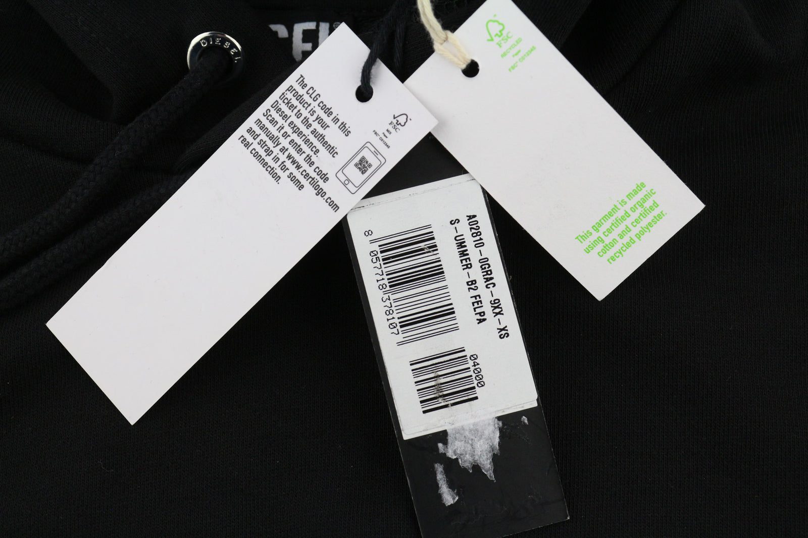 DIESEL S-Ummer-B2 Hoodie XS Black Pullover Kangaroo Pocket Unisex RRP150