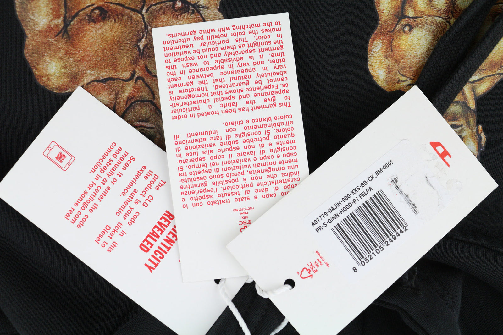 DIESEL PR-Ginn-Hood-P1 Hoodie 2XS Black Pullover Kangaroo Pocket Unisex RRP€195