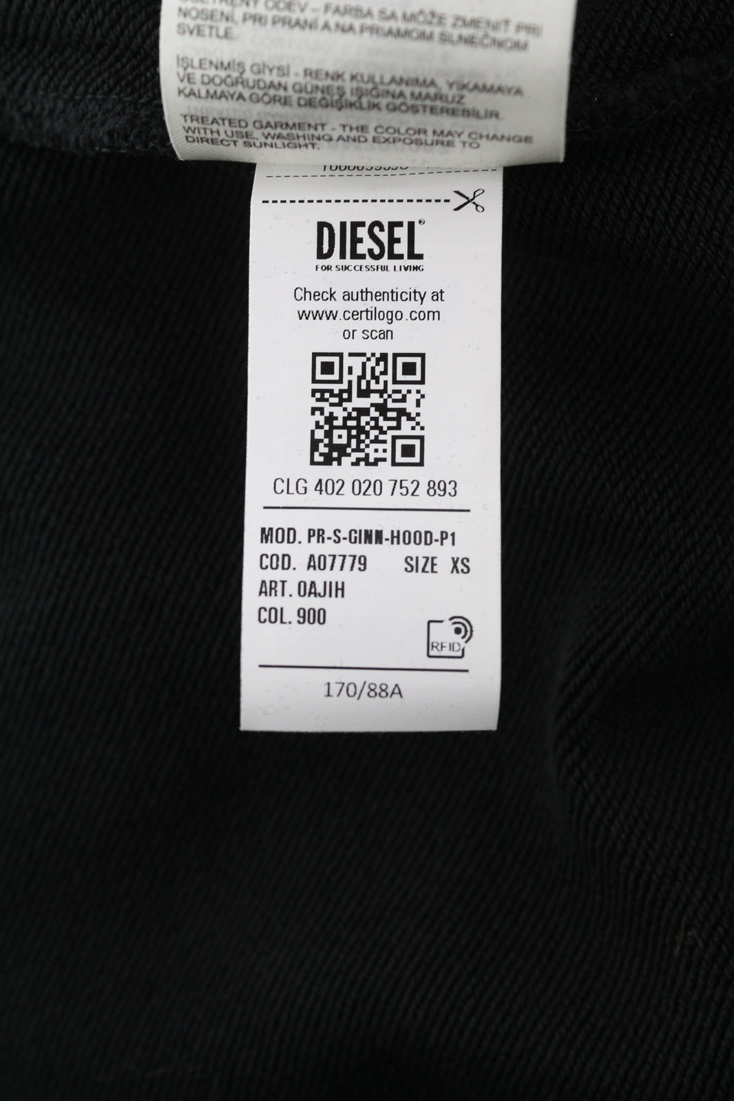 DIESEL PR-Ginn-Hood-P1 Hoodie XS Black Pullover Kangaroo Pocket Unisex RRP195