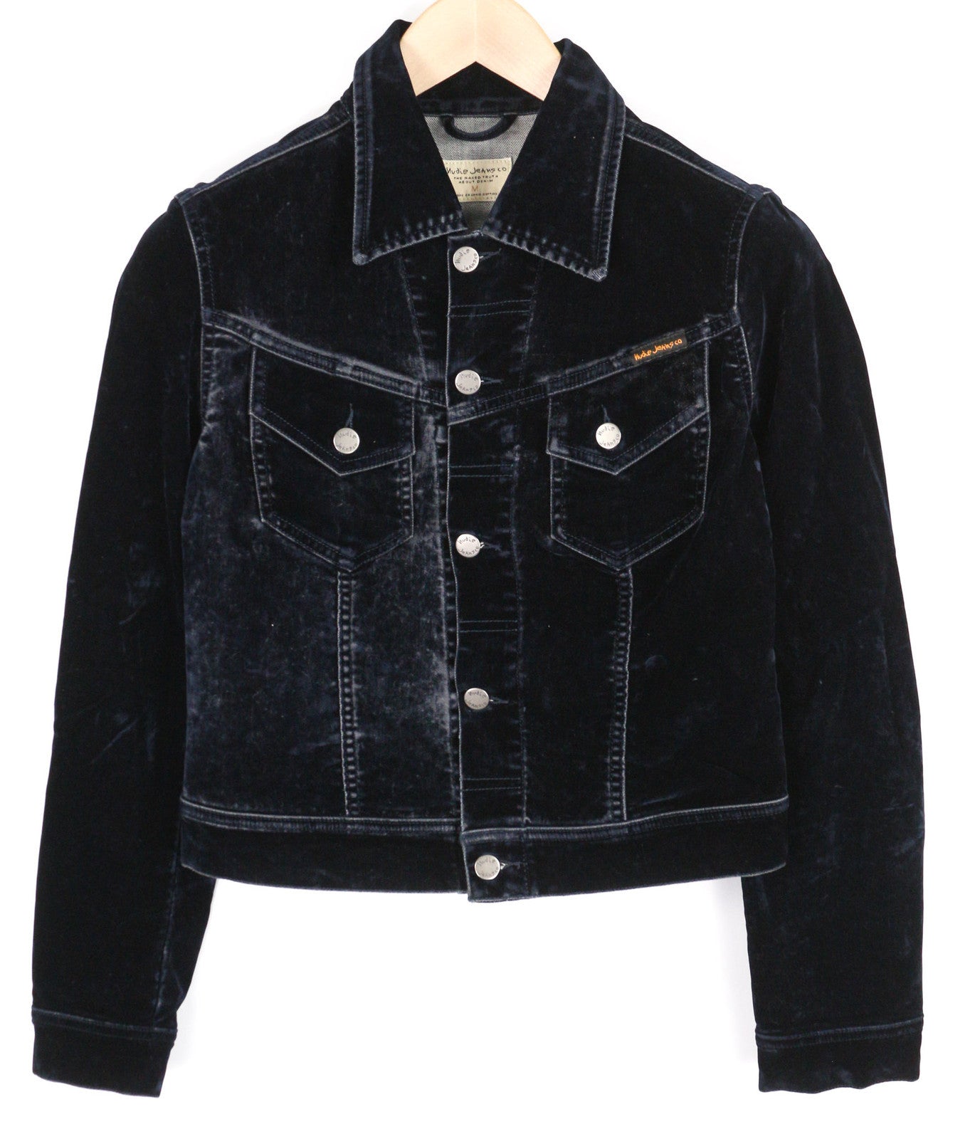 NUDIE Tove Women Jacket M Blue Velvet Collar Buttoned Dark Long Sleeve Logo