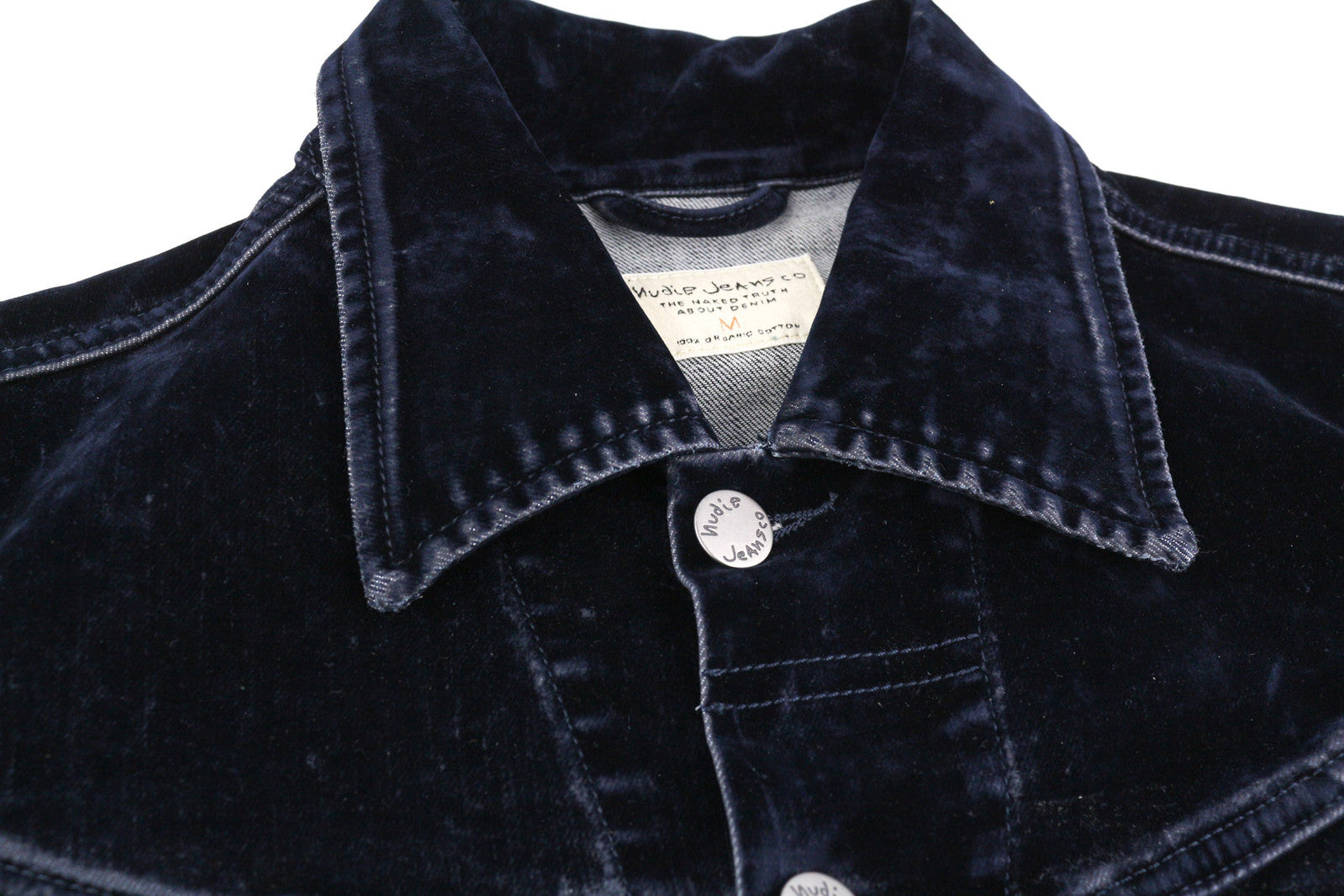 NUDIE Tove Women Jacket M Blue Velvet Collar Buttoned Dark Long Sleeve Logo