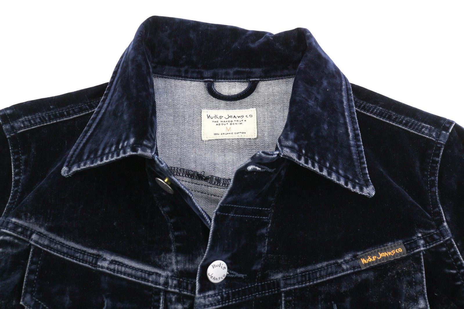 NUDIE Tove Women Jacket M Blue Velvet Collar Buttoned Dark Long Sleeve Logo