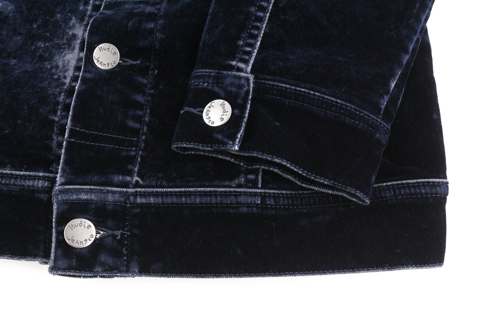 NUDIE Tove Women Jacket M Blue Velvet Collar Buttoned Dark Long Sleeve Logo