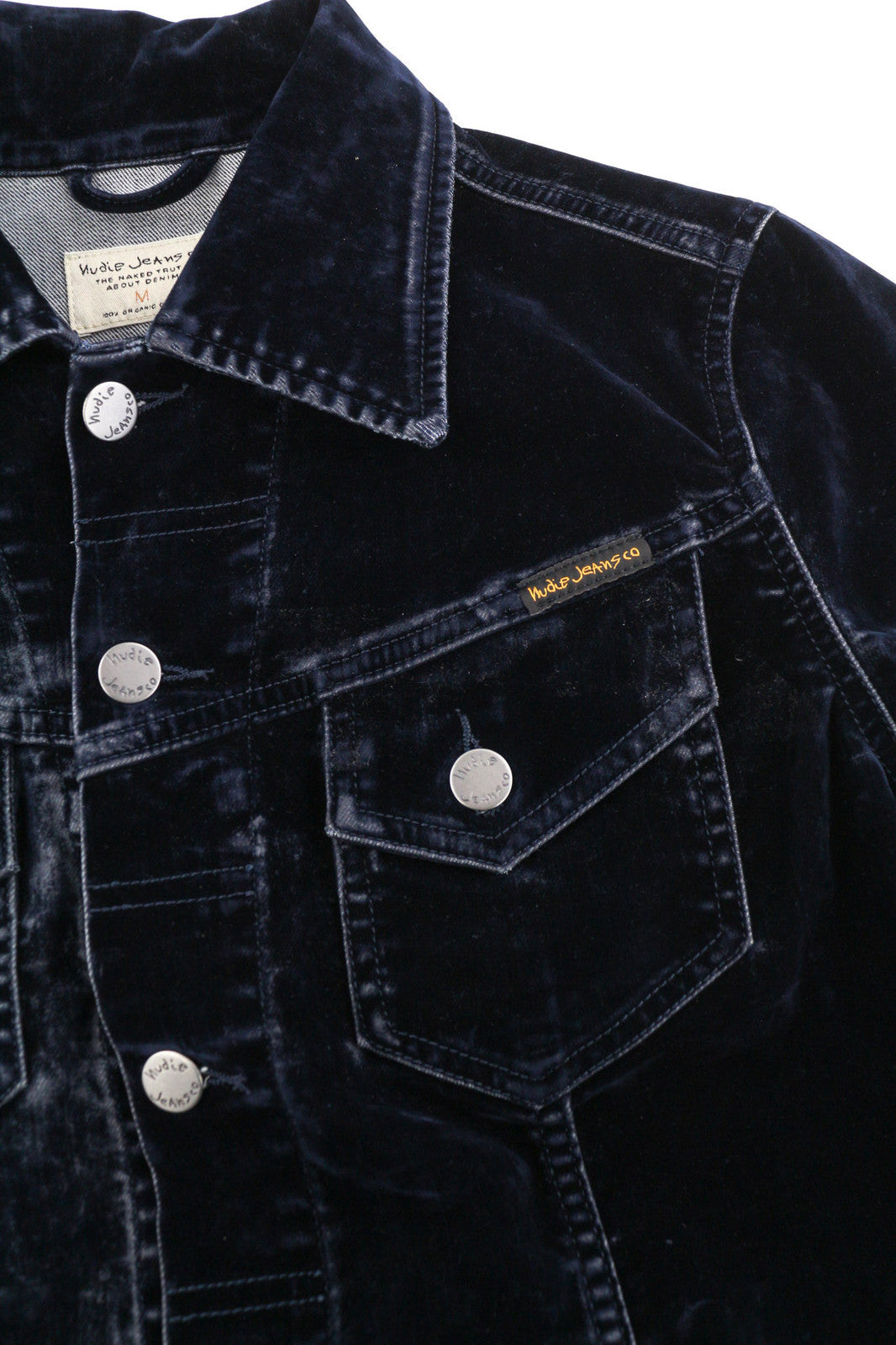 NUDIE Tove Women Jacket M Blue Velvet Collar Buttoned Dark Long Sleeve Logo