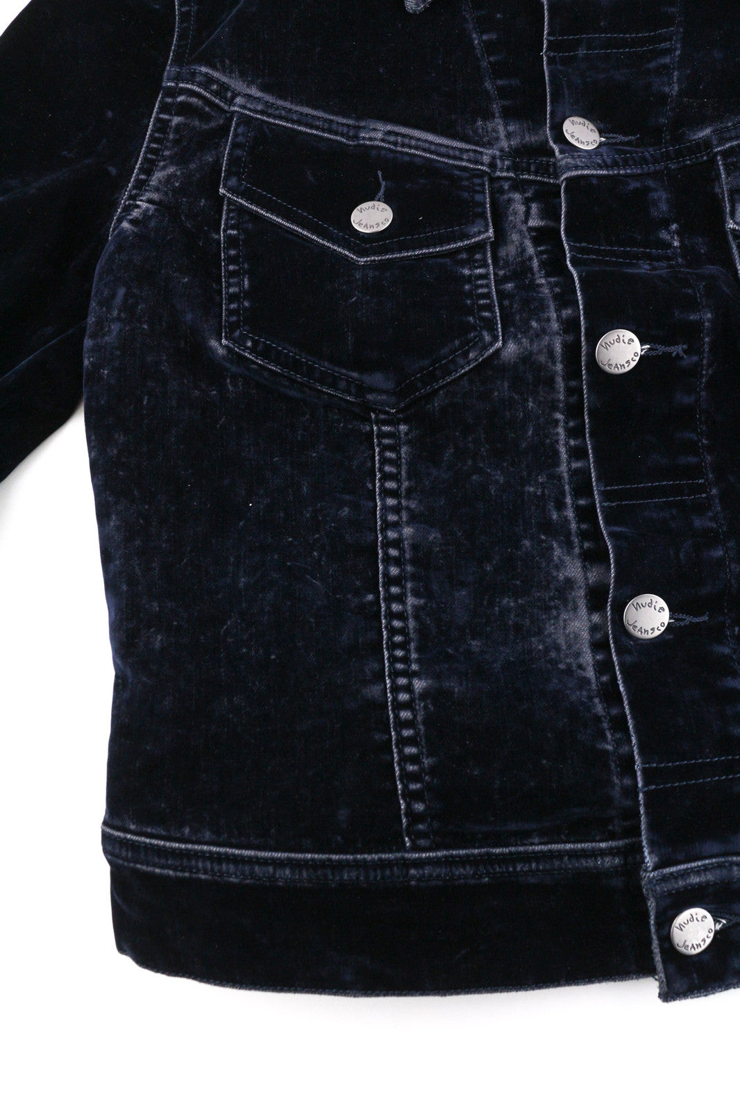 NUDIE Tove Women Jacket M Blue Velvet Collar Buttoned Dark Long Sleeve Logo