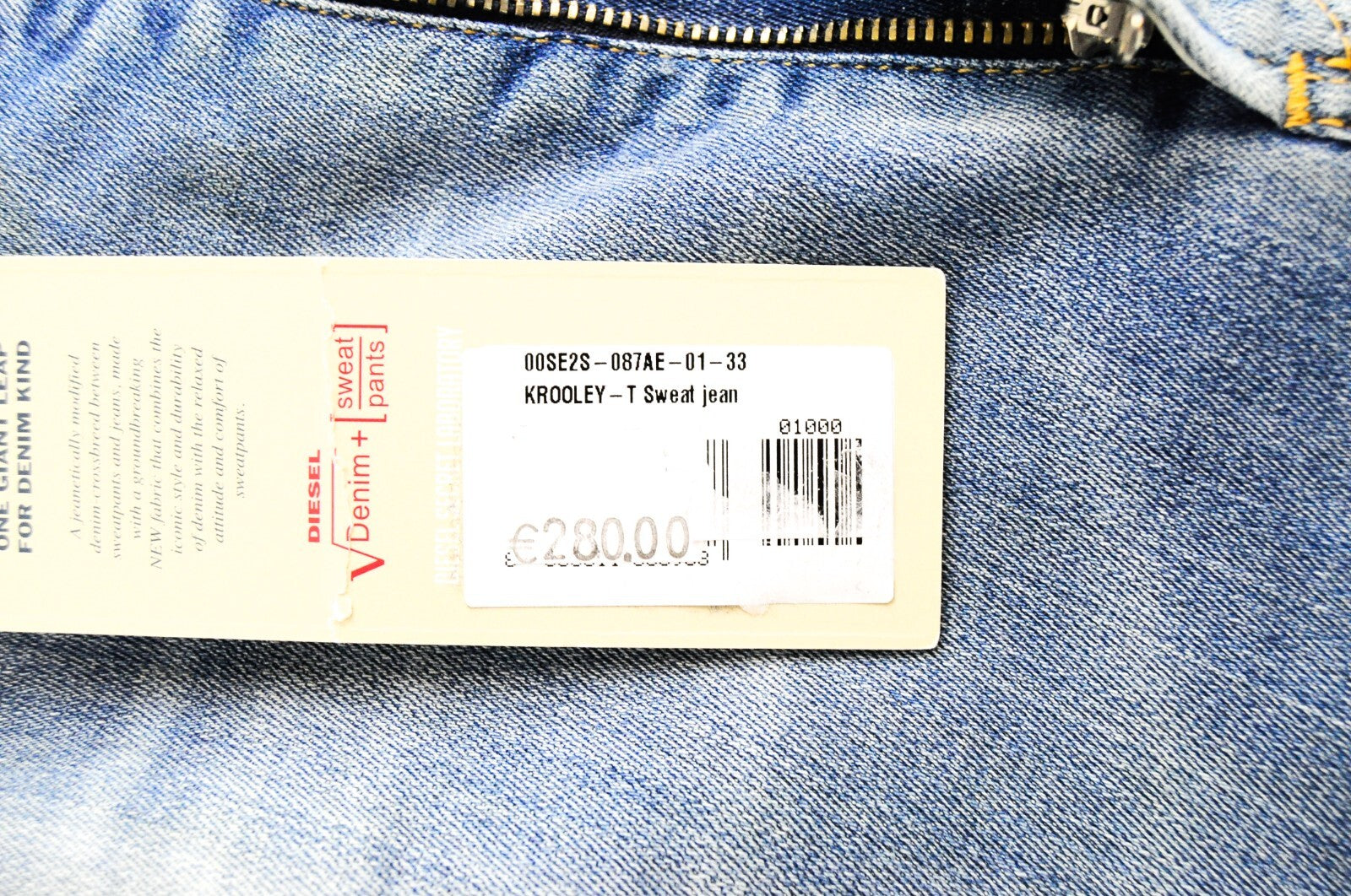 DIESEL Krooley-T 087AE vyriški džinsai W33 Slim Fit Jogg Sweat mėlyni su plėšytais tampriais dribsniais 