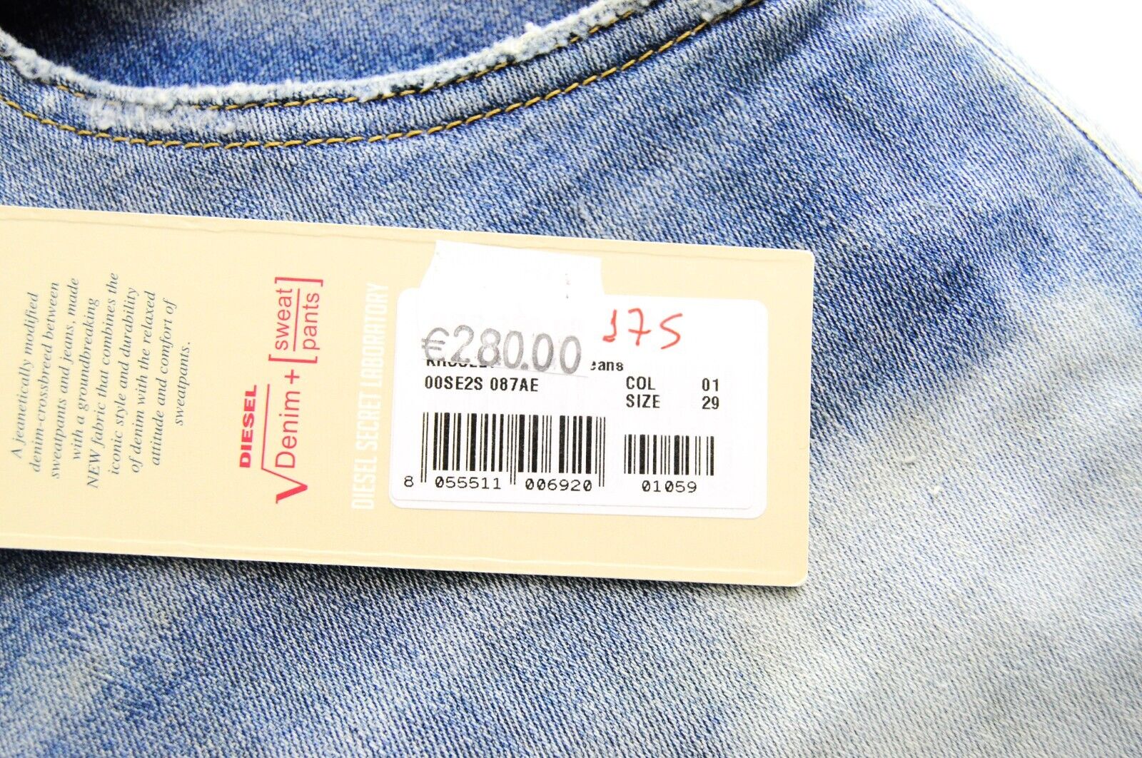 DIESEL Krooley-T 087AE Men's Jeans W29 Sweat Jogg Blue Slim Washed Stretch Rip