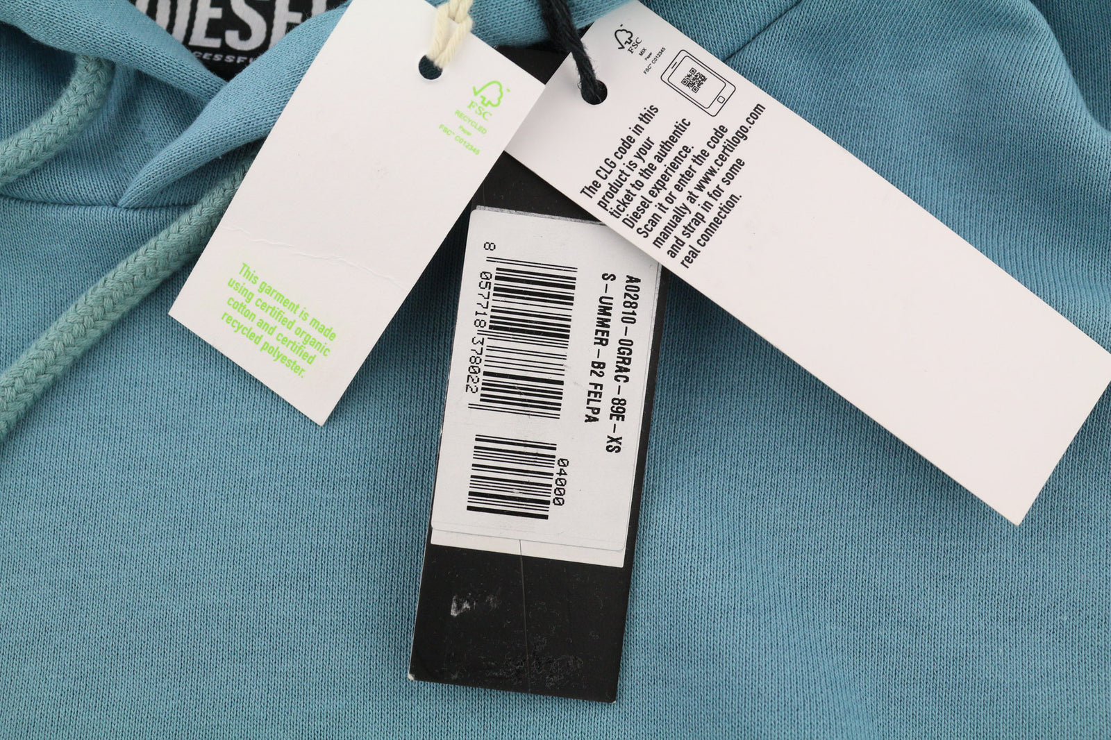 DIESEL S-Ummer-B2 Unisex Hoodie XS Blue Pullover Kangaroo Pocket Strap RRP€150