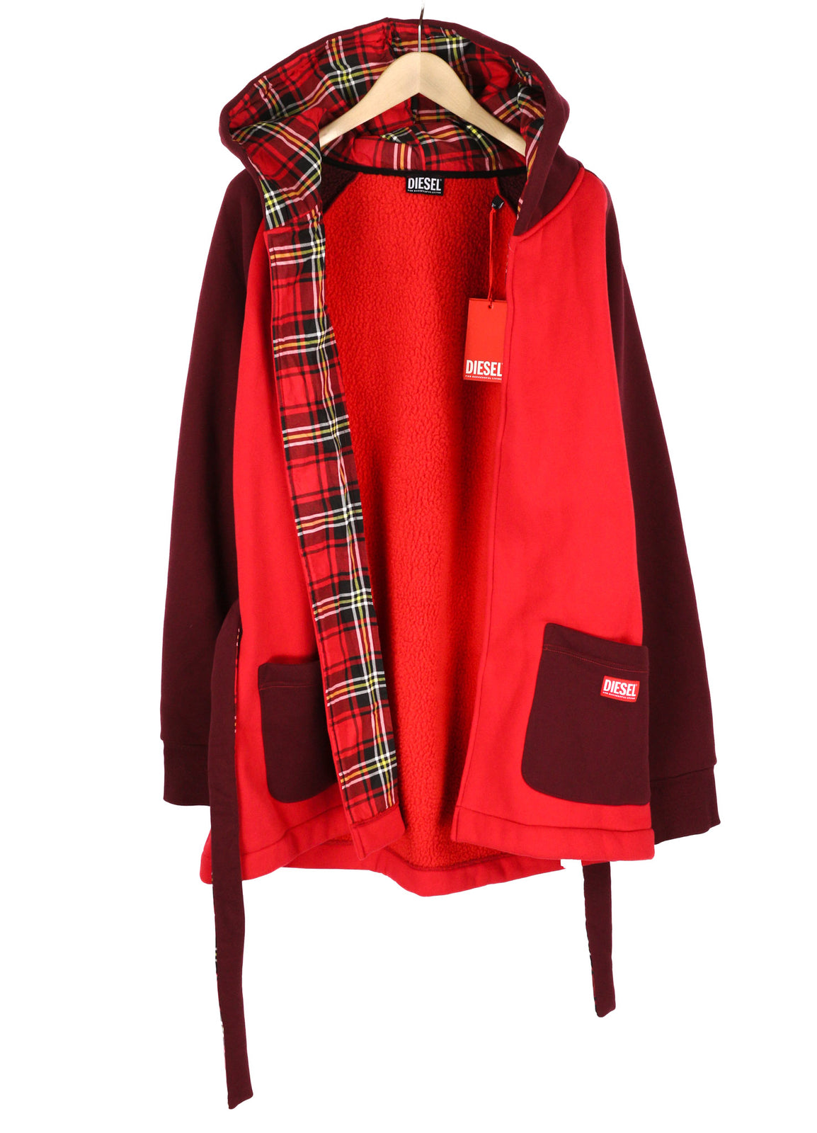 DIESEL Uudg-Jas-Homey Women Robe XL Unisex Fleece Lined Hooded Pockets Belted