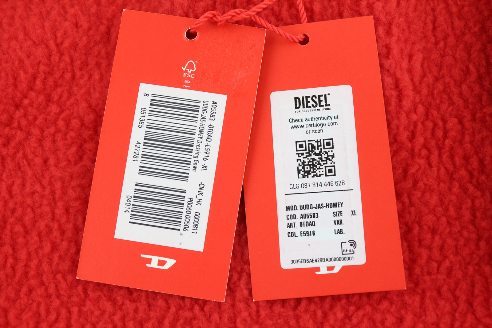 DIESEL Uudg-Jas-Homey Women Robe XL Unisex Fleece Lined Hooded Pockets Belted