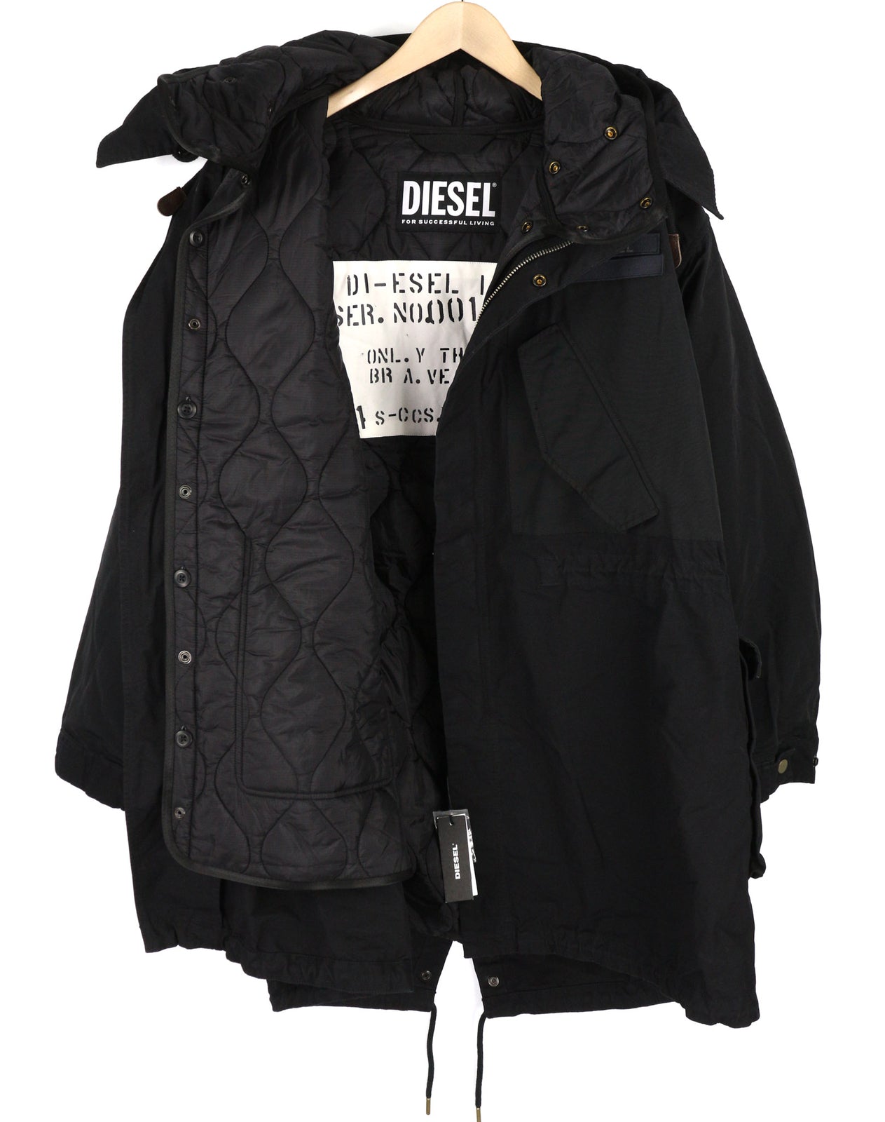 DIESEL W-Miles Men Jacket L 2in1 Parka Insulated Drawstring Waist Black RRP€475