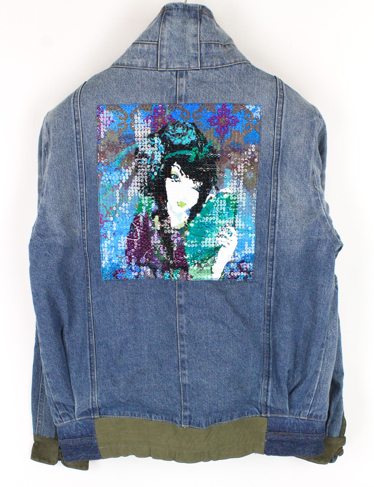 DESIGUAL Women's Blue Denim Jacket 40 Cotton Long Sleeve Geisha Sequin Logo
