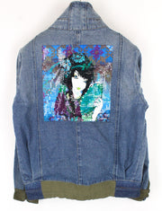 DESIGUAL Women's Blue Denim Jacket 40 Cotton Long Sleeve Geisha Sequin Logo