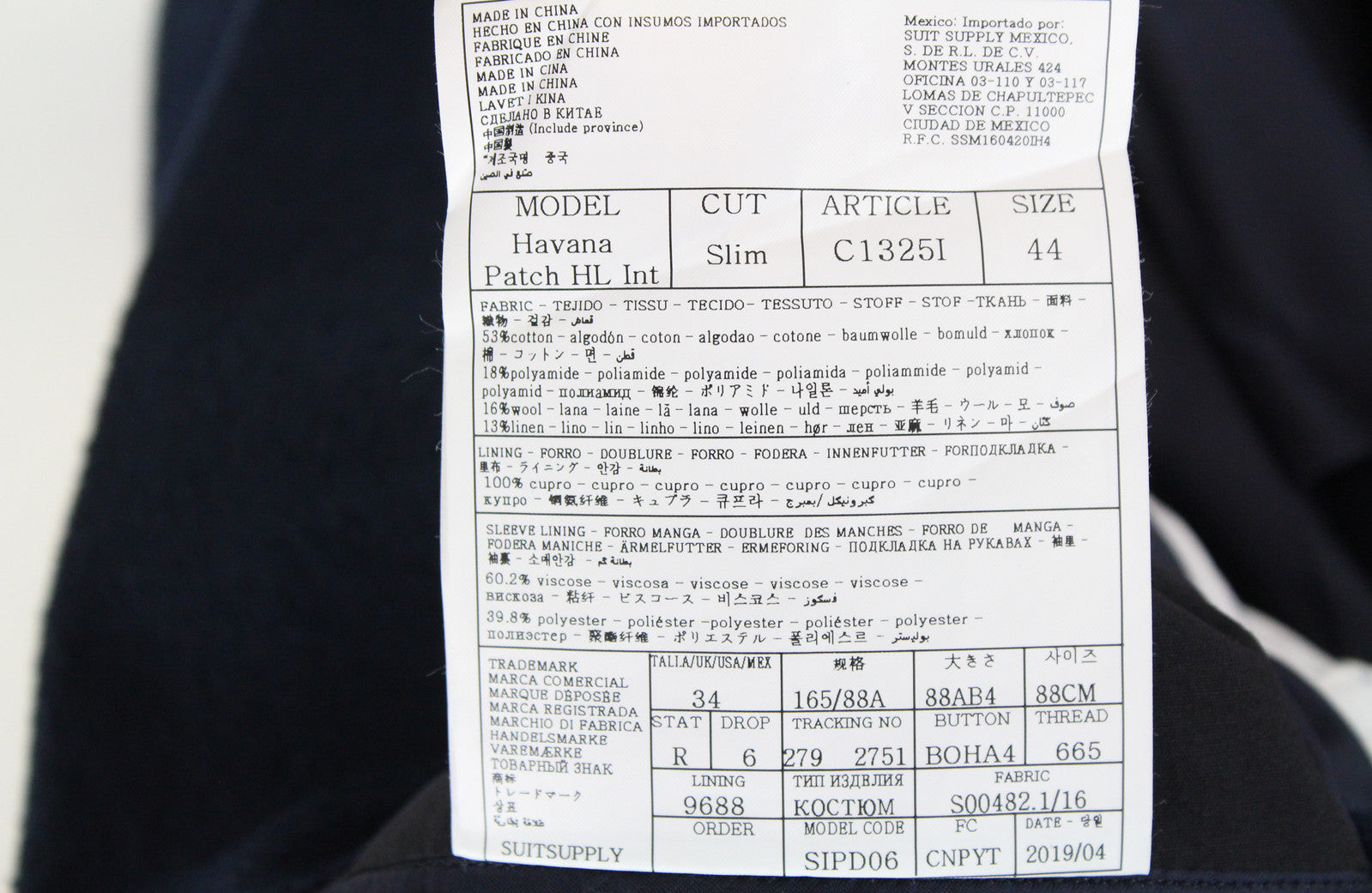 SUITSUPPLY Havana Patch Men's Blazer UK34R Navy Cotton Wool Linen Blend Slim