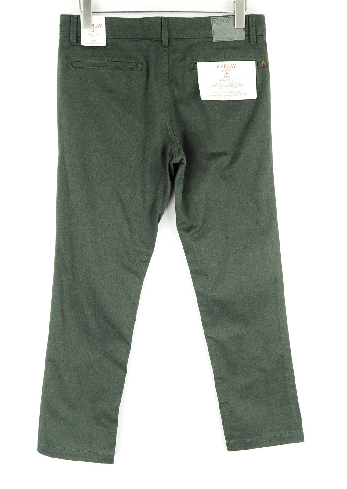 REPLAY Tom Men's Green Cotton Trousers W32/L30 Regular Stretch Slit Pocket