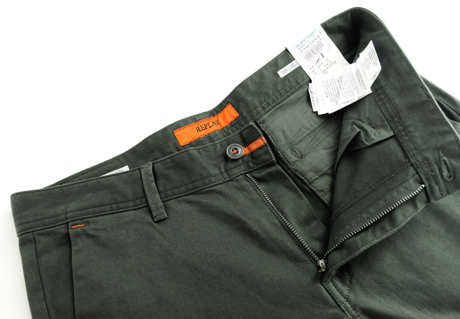 REPLAY Tom Men's Green Cotton Trousers W32/L30 Regular Stretch Slit Pocket