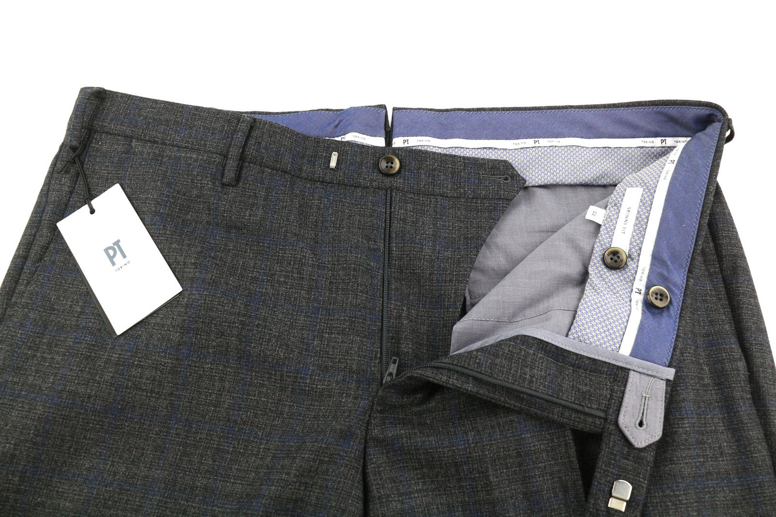 PT TORINO Skinny Fit Men Trousers 52 W36 Plaid Fleece Wool Blend Zip Fly Casual