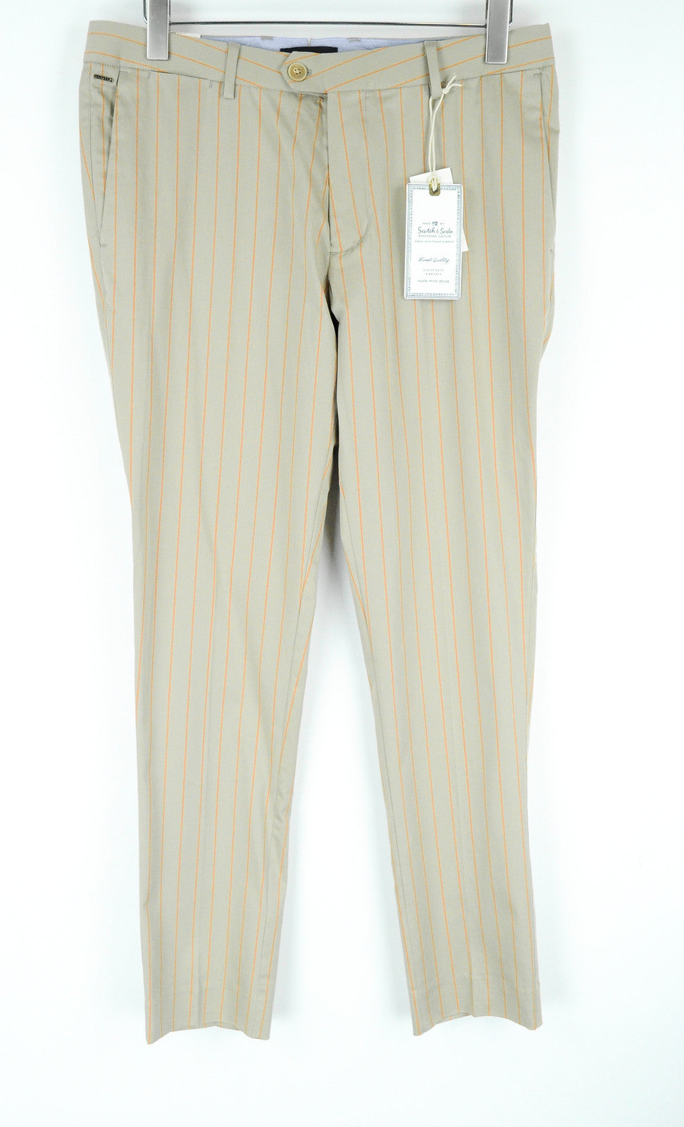 SCOTCH & SODA Thorne Men's Brown Trousers W32/L32 Super Slim Striped Pleated