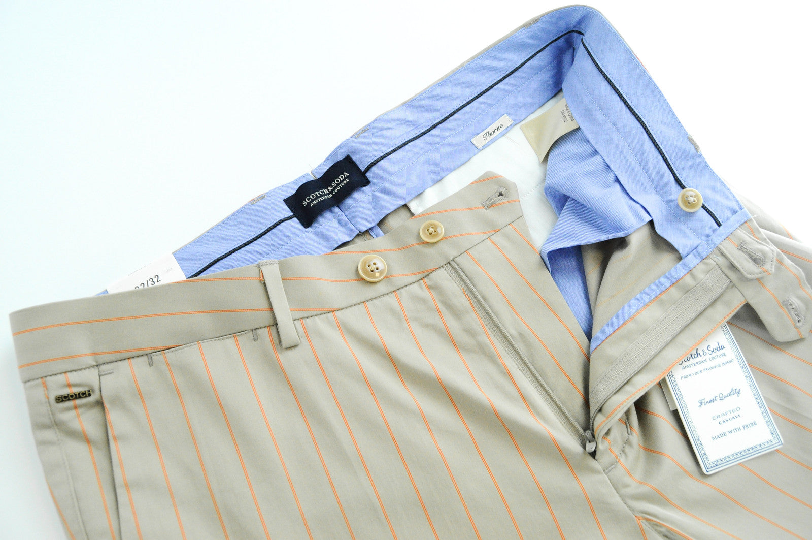 SCOTCH & SODA Thorne Men's Brown Trousers W32/L32 Super Slim Striped Pleated