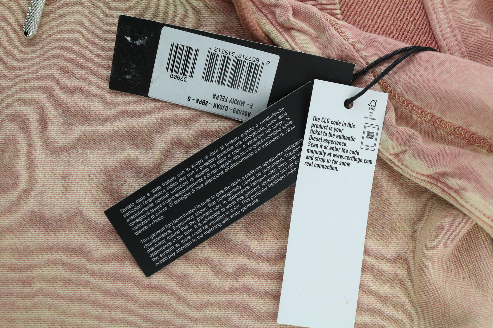 DIESEL F-Mikky Women Hoodie S Peach Washed Hooded Asymmetrical Pocket RRP€195