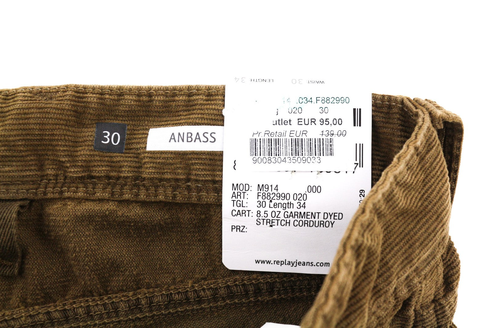 REPLAY Anbass Mens Trousers W30/L34 Slim  Stretchy Corduroy Zip Fly Brown