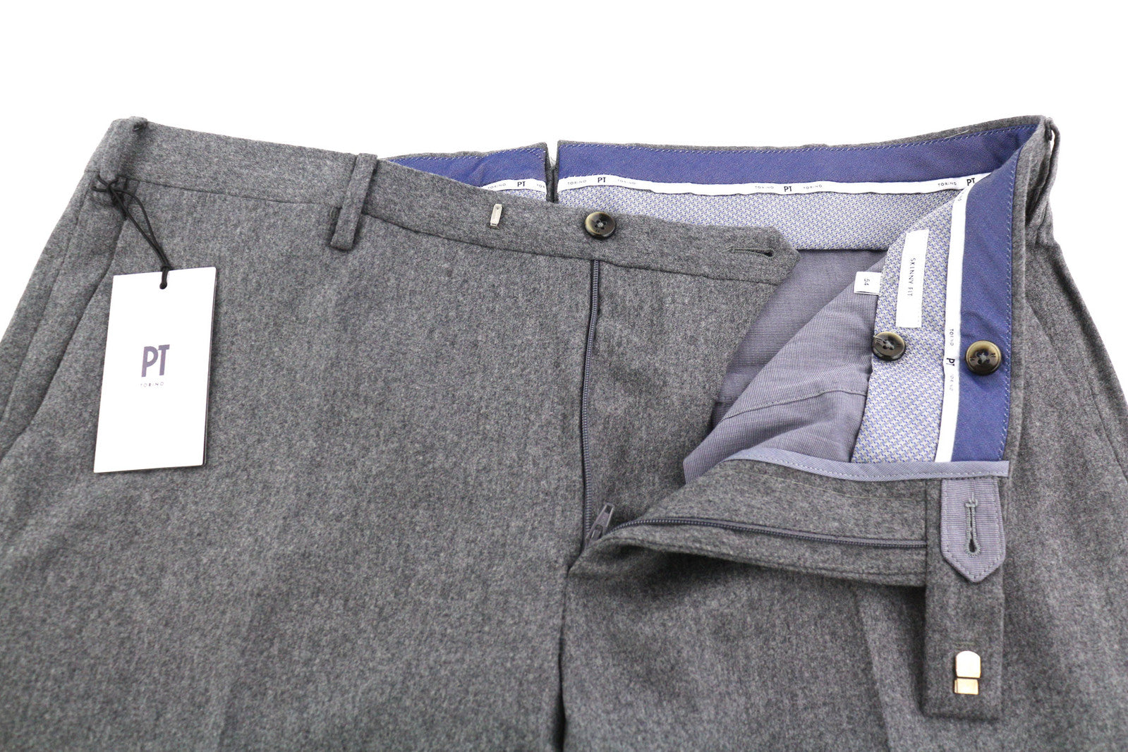 PT TORINO Skinny Fit Men Trousers 54 W37 Grey Fleece Wool Blend Zipper Casual