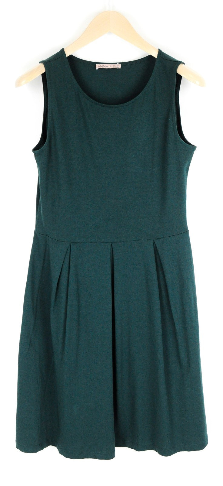 ANNA FIELD Women Dress M Green Cotton Sleeveless Pleated Stretch Round Neck