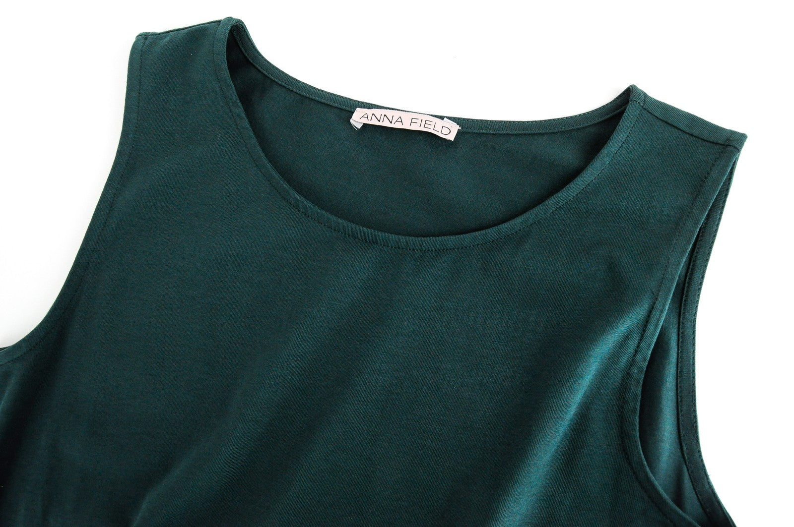 ANNA FIELD Women Dress M Green Cotton Sleeveless Pleated Stretch Round Neck