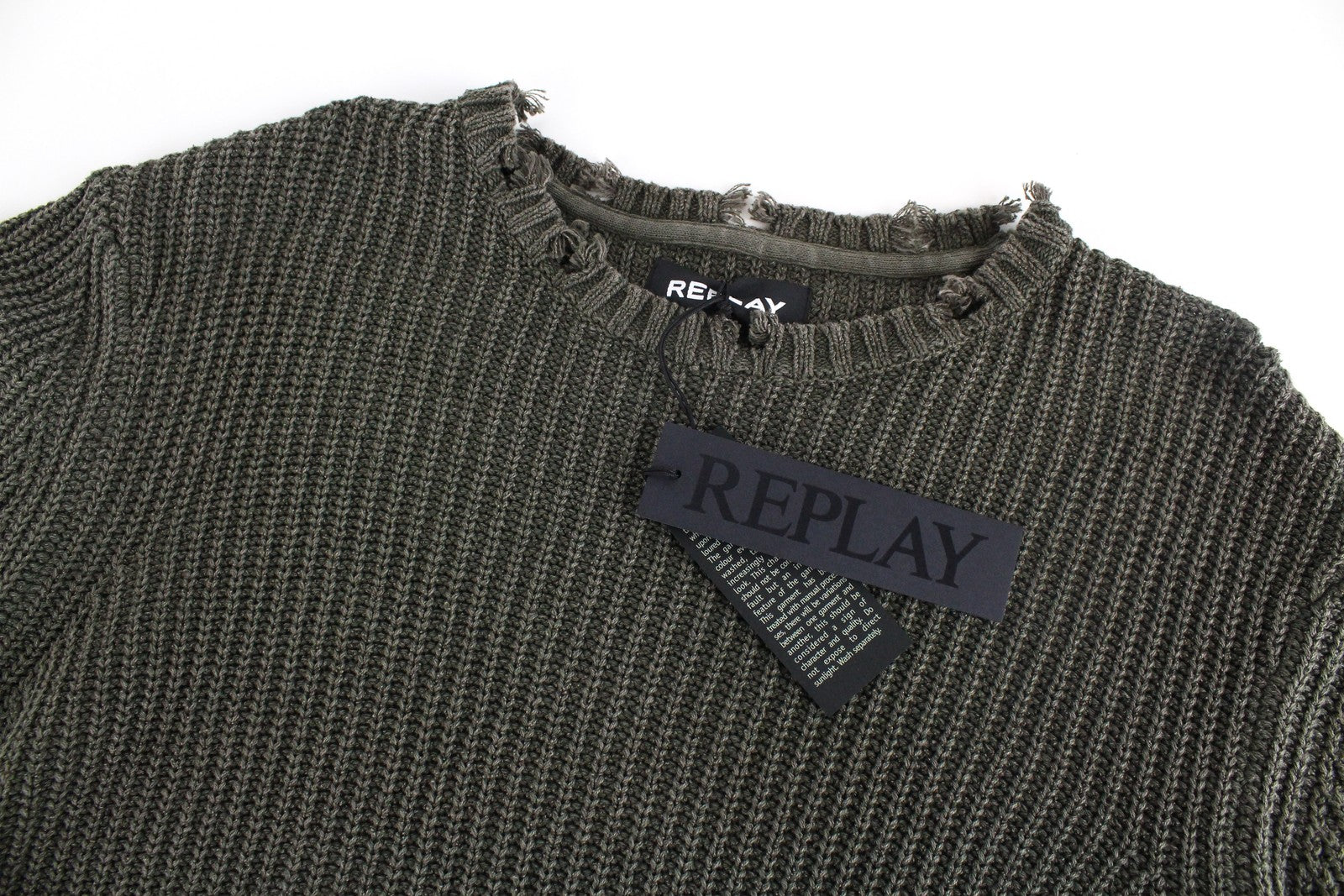 REPLAY Mens XL Green Jumper Cotton Long Sleeve Ripped Casual Knitted Sweater