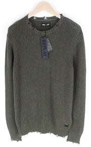 REPLAY Mens XL Knitted Sweater Cotton Green Ripped Casual Long Sleeve Jumper