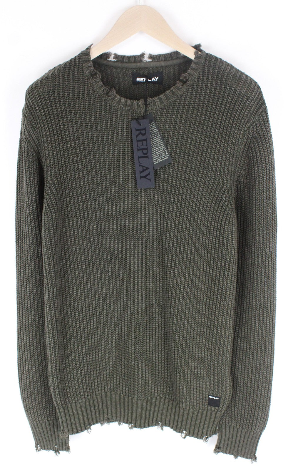 REPLAY Mens XL Knitted Sweater Cotton Green Ripped Casual Long Sleeve Jumper