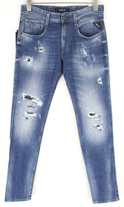 REPLAY Anbass Mens Jeans W30/L34 Blue Washed Cotton Slim  Stretchy Ripped
