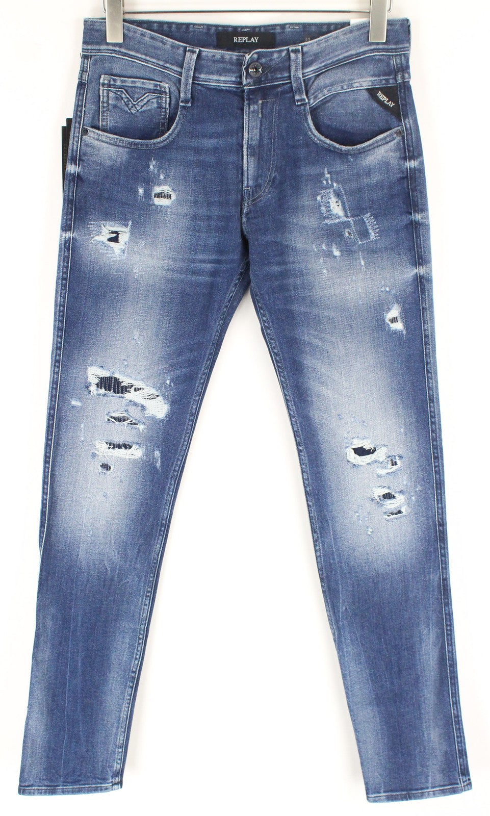 REPLAY Anbass Mens Jeans W30/L34 Blue Washed Cotton Slim  Stretchy Ripped