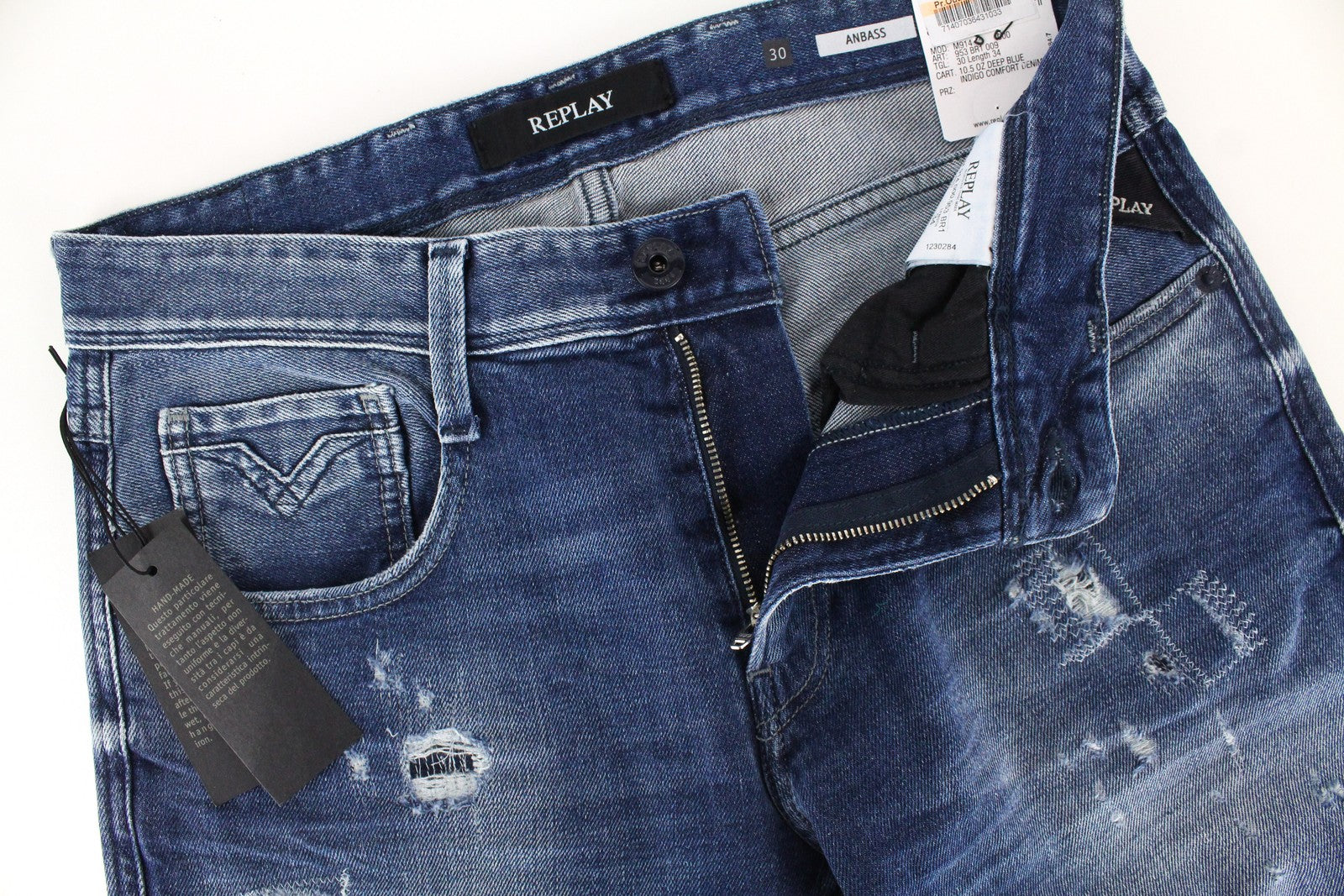 REPLAY Anbass Mens Jeans W30/L34 Blue Washed Cotton Slim  Stretchy Ripped