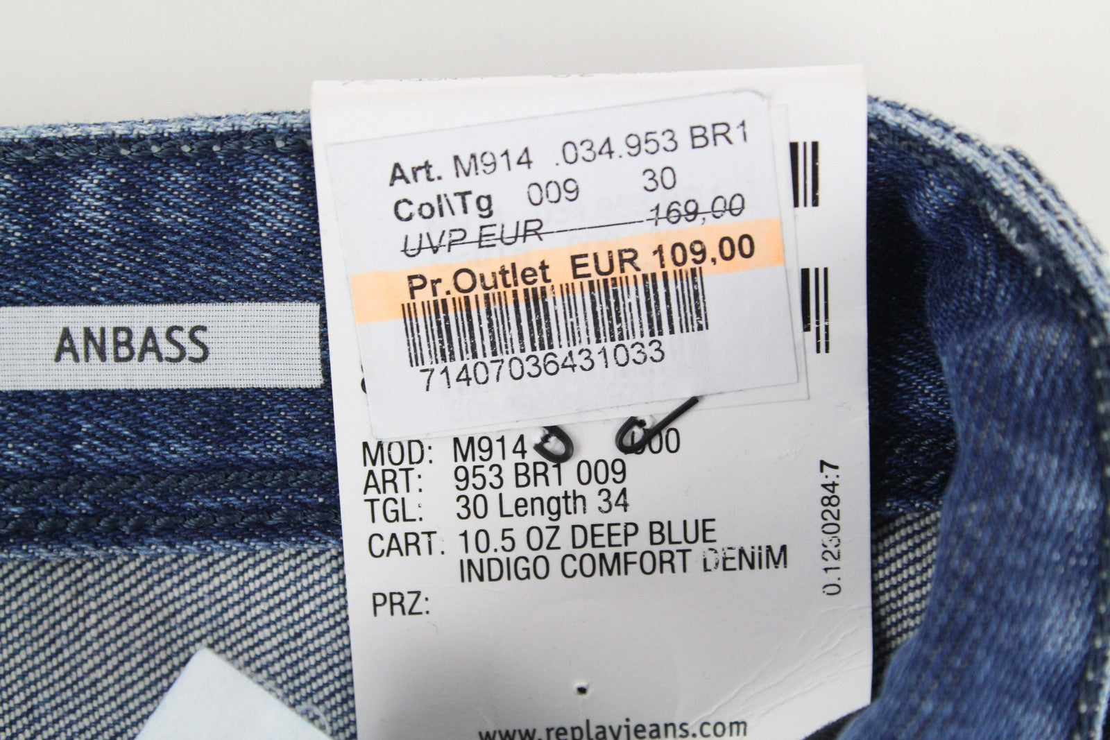 REPLAY Anbass Mens Jeans W30/L34 Blue Washed Cotton Slim  Stretchy Ripped