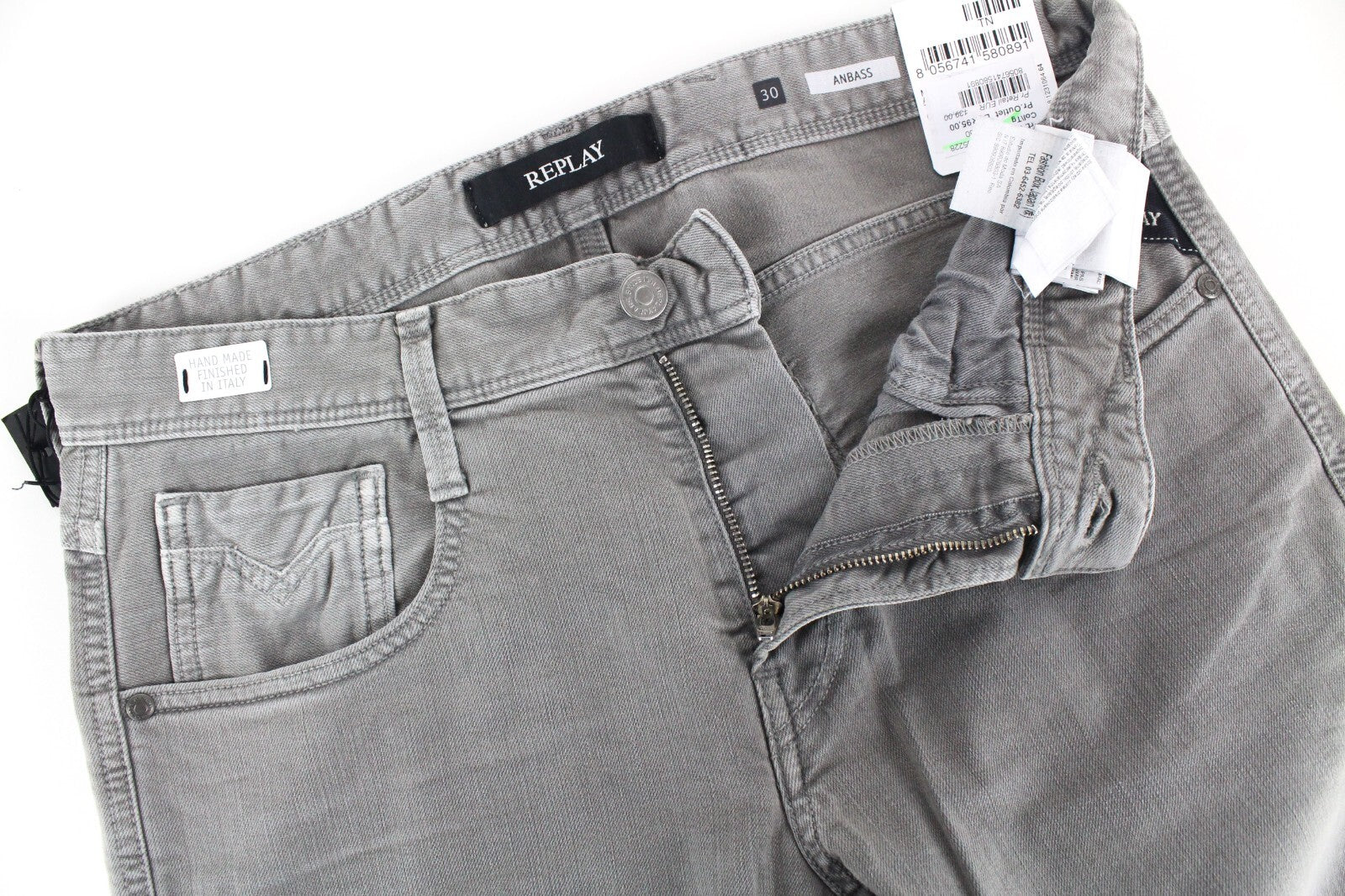 REPLAY Anbass Mens Jeans W30/L34 Grey Slim  Cotton Denim Washed 5-Pocket