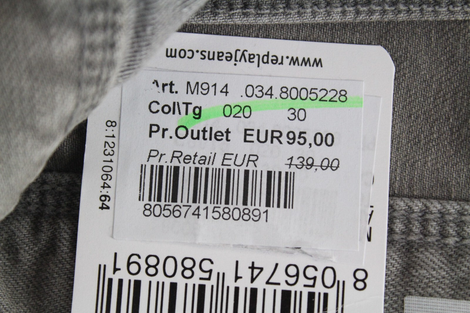 REPLAY Anbass Mens Jeans W30/L34 Grey Slim  Cotton Denim Washed 5-Pocket