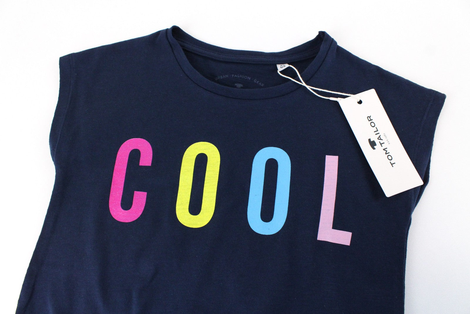 TOM TAILOR Girls T-Shirt XS Graphic Print Navy Melange Crew Neck Kids Cotton