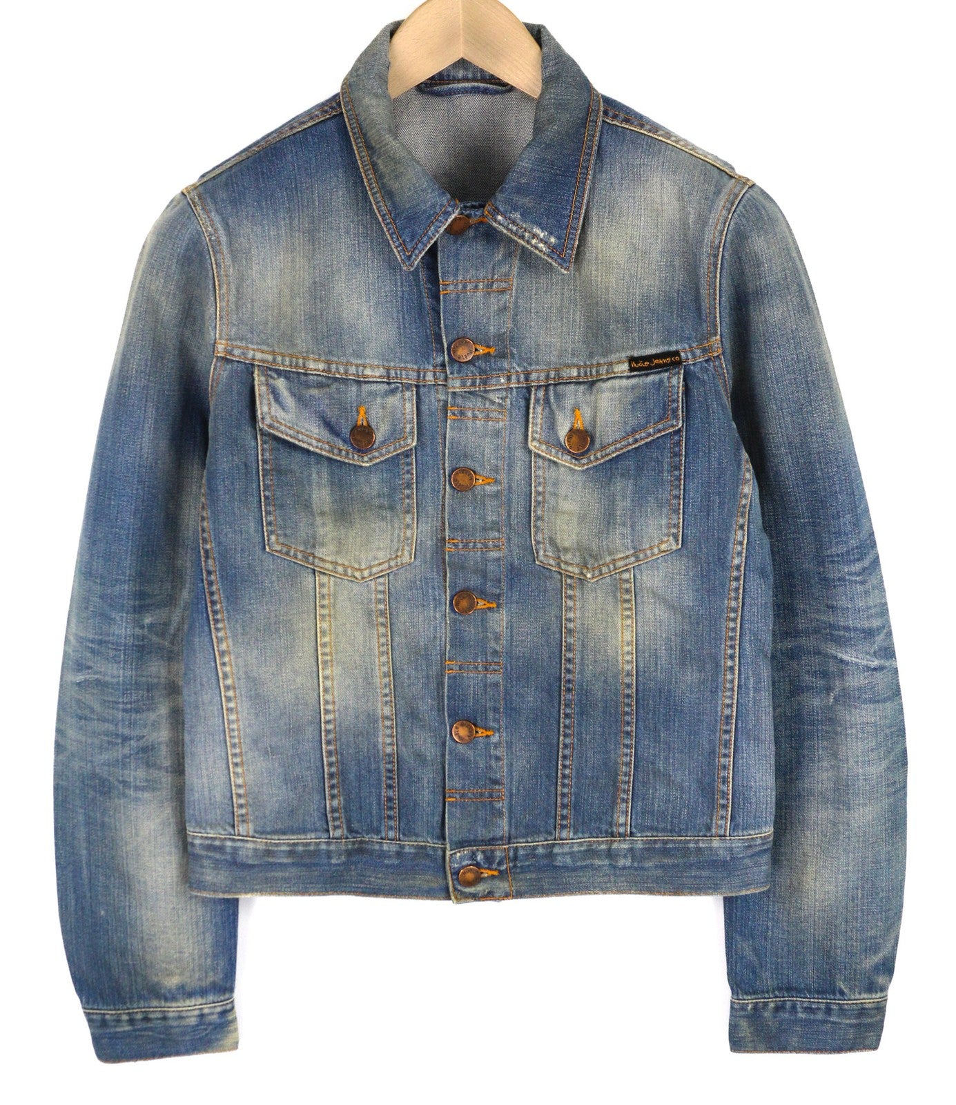 NUDIE Perry Men Jacket S Organic Bright Broken Mid Blue Washed Buttoned Denim